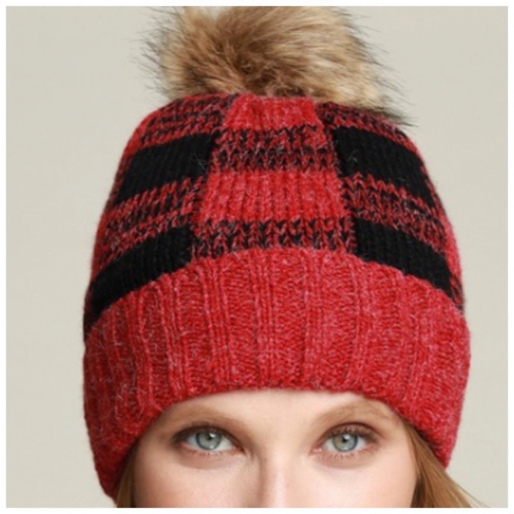 FUR LINED | Red buffalo plaid faux fur pom beanie